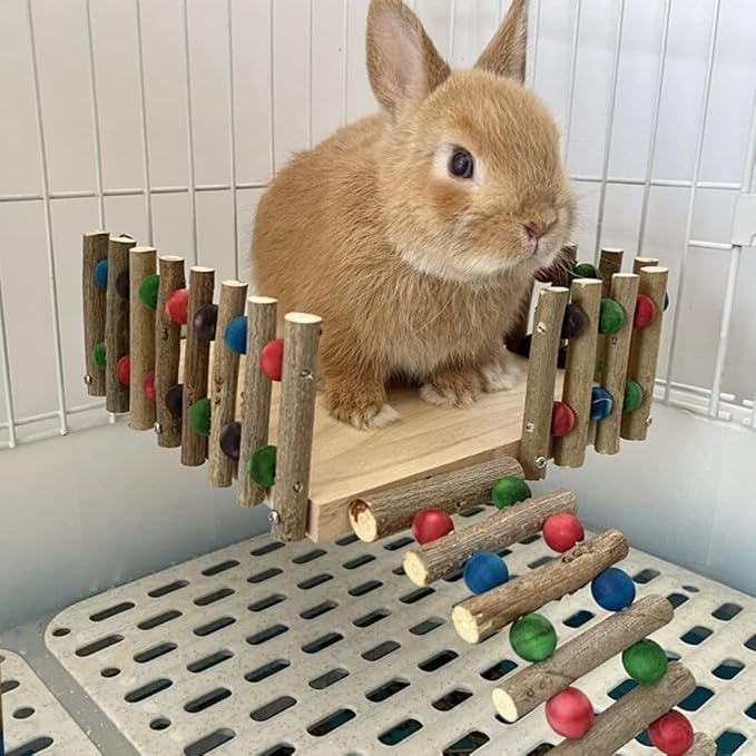 Rabbit Platform with Climbing Ladder, Bunny Perch Cage Toy Wooden Play Gym Stand, Natural Pine Wood Tray for Chinchilla Squirrel Hamster Guinea Pig, Birdcage Toy for Parrot Conure (Large)