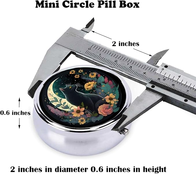 Pill Box, Small Pill Organizer with 3 Compartments and Mirror, Cute Round Portable Travel Metal Pill Case for Pocket or Purse, Privacy-Protecting Medicine Box-Dark Night Moon Flower Cat