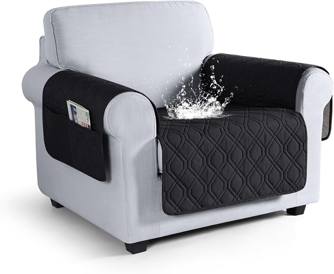 VANSOFY Waterproof Chair Seat Cover for Pets, Black, 22" | Non-Slip, Washable, Utility Pockets, Pet Friendly, Furniture Protector Slipcover for 1 Seater Couch