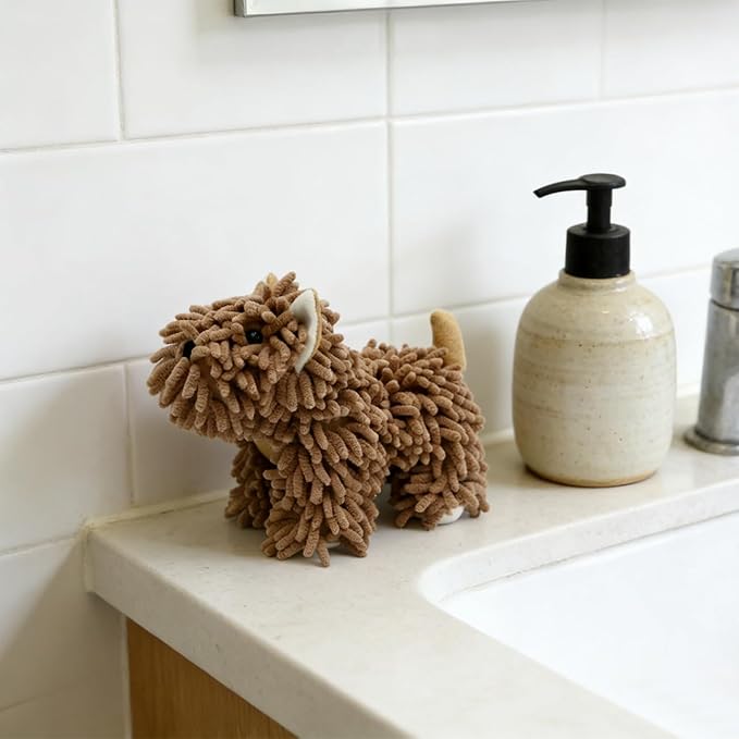 Cute Dog Chenille Hand Towel, 3D Puppy Hangable Fuzzy Ball Hand Towel Microfiber Super Soft Absorbent Bathroom & Kitchen Towels with Hanging Loop, Can Be Placed on the Sink Countertop (Dark Brown)