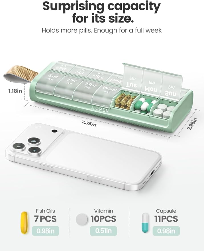 Pill Organizer 2 Times a Day, Built-in Desiccant | 7 Day AM PM Weekly Pill Box, Easy-Open, Portable Carry Handle, BPA-Free, Matte Privacy Case for Supplements and Vitamins