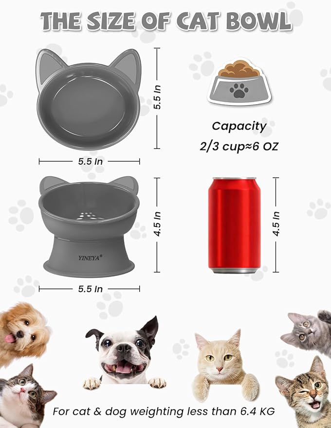 YINEYA Cat Bowls, Cat Food Bowl Elevated to Protect Neck & Anti-Vomit, Whisker-Friendly Raised Food & Water Bowls for Indoor Cats/Small Dogs, Cute Pet Feeding Bowl 6 OZ Each, Dishwasher Safe, Gray
