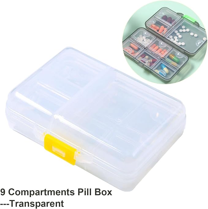 Large Travel Pill Organizer Box, Daily Medicine Dispenser Reminder | 9 Compartment Weekly Supplement Pill Holder Planner, Double Seal Portable Vitamin Fish Oil Capsule Container, Transparent