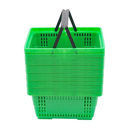 12PCS Shopping Baskets with Handles, 19x13x10inch Plastic Storage Bins Grocery Baskets, Portable Shop Basket Used for Supermarket, Retail, Bookstore (Green)