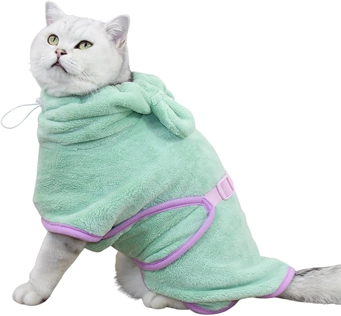 Dog Bathrobe Towel, Cat Bathrobe Microfiber Fast Drying Absorbent Hooded Bath Towel for Puppy Small Medium Large Dog Cat(Green,XS)