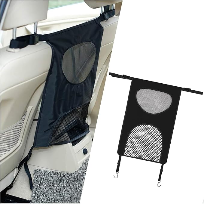 Car Mesh Organizer, Vehicle Seat Back Net Bag Barrier for Backseat Pet Kids, Auto Driver Storage Netting Pouch Holder for Cargo Tissue Purse, Universal for SUV, Truck, RV