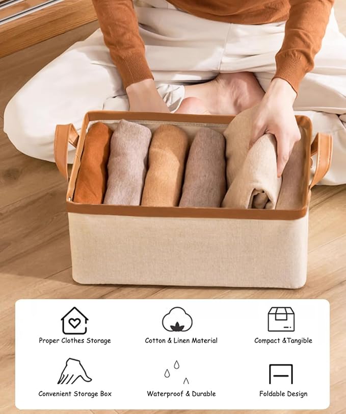 AARAINBOW 4 Pcs Closet Clothes Organizer with Handle, Fabric Storage Bins with Metal Frame Closet Shelf Storage Baskets Foldable Wardrobe Storage Box for Sweater Jeans, 20L (4 White)