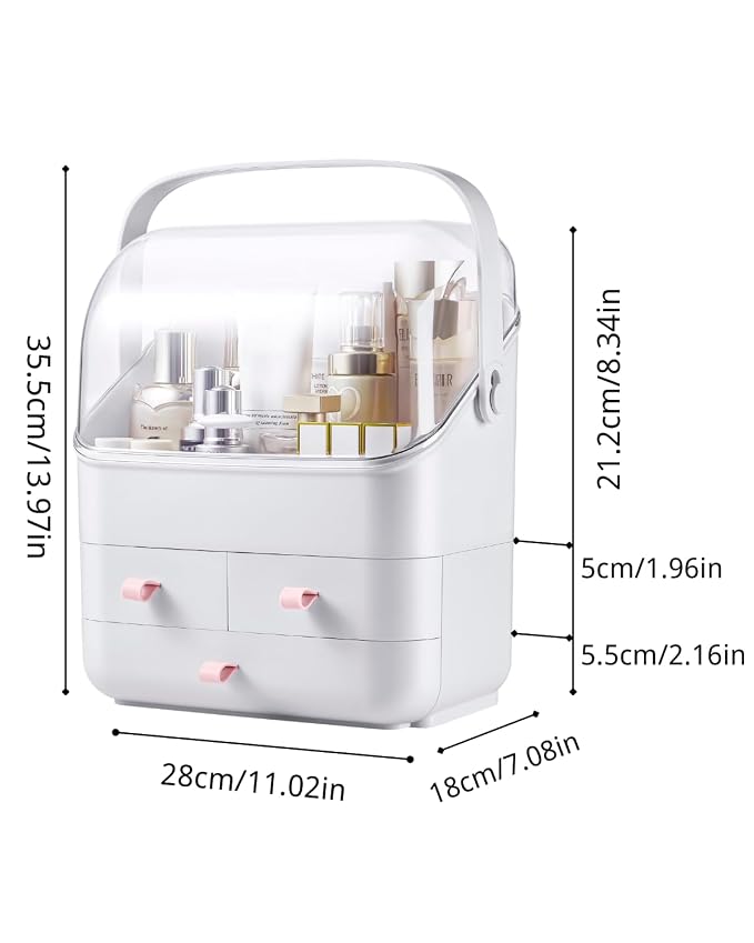 LINFIDITE Cosmetic Storage Box with Lid Makeup Organizer Box with Dust Free Cover Portable Handle,Large Makeup Display Case with Drawers Fully Open Lid,Great for Dresser Bathroom Countertop