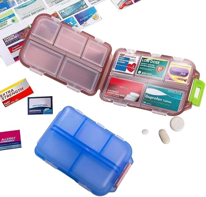 Pill Organizer with 161 Medicine Labels, Daily Travel Pill Case (Purple) | Compact 10-compartment pill case and pill box with 161 medicine labels for 7-day planning, vitamins, supplements, and travel