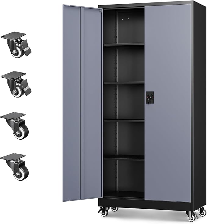 Metal Garage Storage Cabinets with Lock Door and Adjustable Shelves, Steel Tool Cabinets for Home,Office,Warehouse Organisieren (Black Grey, 75" H)