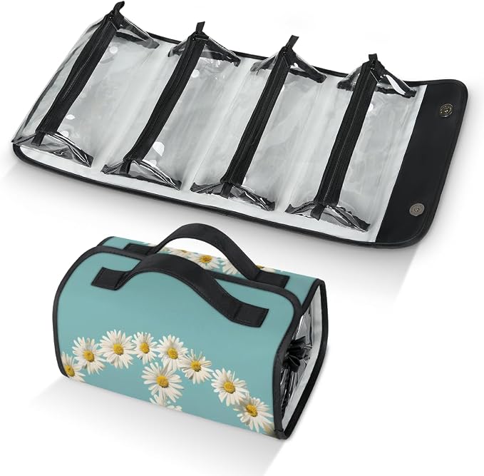 Floral Peace Sign Makeup Bag for Women Hanging Roll-Up Travel Organizer Toiletry Kit with 4 Removable Compartments, Daisy