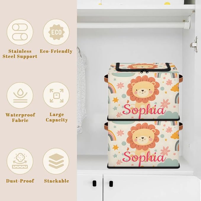 Custom Cute Lion Storage-Bin With Zipper Lid for Kids-Girls-Boys-Baby-Pet,Personalized Name Foldable Storage Box with Handle,Baby Basket With Label for Bedroom Nursery Toy Clothes,Beige