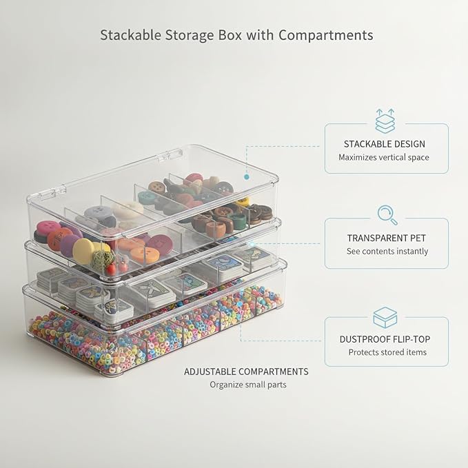 Clear Stackable Storage Box with Dividers, Dustproof Flip-Top Organizer for Desk Drawer, Transparent PET Container (1 Pack)