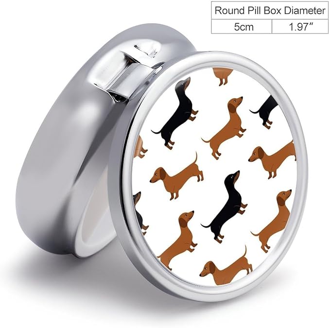 3 Compartment Round Pill Box Portable Metal Travel Pill Organizer | Dachshund Weiner Pet Dogs Pill Case to Hold Vitamins, Medication, Fish Oil and Supplements, Ideal for Purse & Pocket