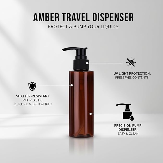 Amber PET Lotion Pump Bottle, Refillable Dispenser for Travel & Bathroom Storage, Black Finish