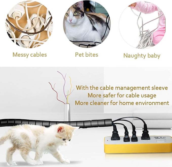 PC Cable Management Sleeve Tube Desk Cord Organizer 2 PCS Black, 7/8 inch -5 ft Cover Wrap Easy to Install Messy Wire Solution for TV Office Computer, Pet Chew and Bite Proof Cable Protector