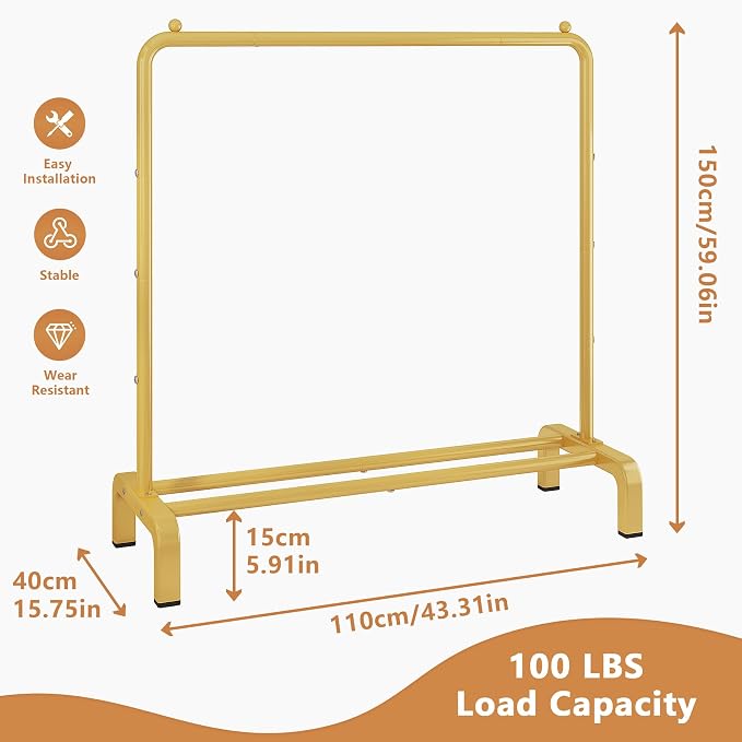 Metal 43.3 Inches Garment Rack with Bottom Shelf Clothing Rack for Hanging Clothes Coats Skirts Shirts Sweaters Gold | Metal 43.3 Inches Garment Rack Clothing Clothes Rack with Bottom Shelf for Hanging Clothes Coats Skirts Shirts Sweaters Gold