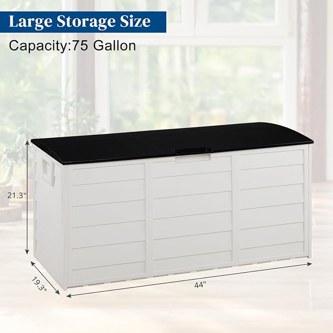 75 Gallon Outdoor Storage Box with Wheels, Waterproof Resin Deck Box for Patio Cushions & Garden Tools, Rolling Garden Storage Bin, Weather Resistant Trunk
