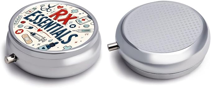 Healthcare Essentials Doodle Collage Round Pill Box with 3 Compartments, Portable Travel Pill Organizer with Spring Snap Closure for Vitamins Supplements Fish Oil