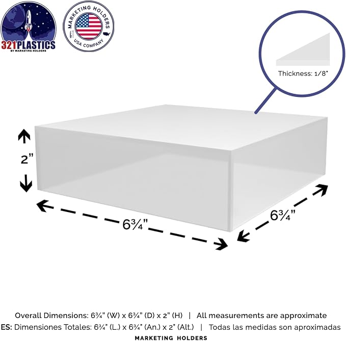 Frosted Acrylic Display Box Versatile 5 Sided Pedestal 6.75" x 6.75" x 2" Merchandise Storage Bin No Lid Retail Product Riser One Open Side by Marketing Holders