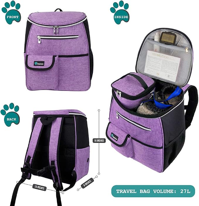 PetAmi Dog Travel Backpack 27L Airline Approved Pet Supplies Bag, Purple | Cat Traveling Suitcase Organizer for Weekend Road Trip Camping; 2 Food Containers, 2 Collapsible Bowls & Poop Bag Dispenser