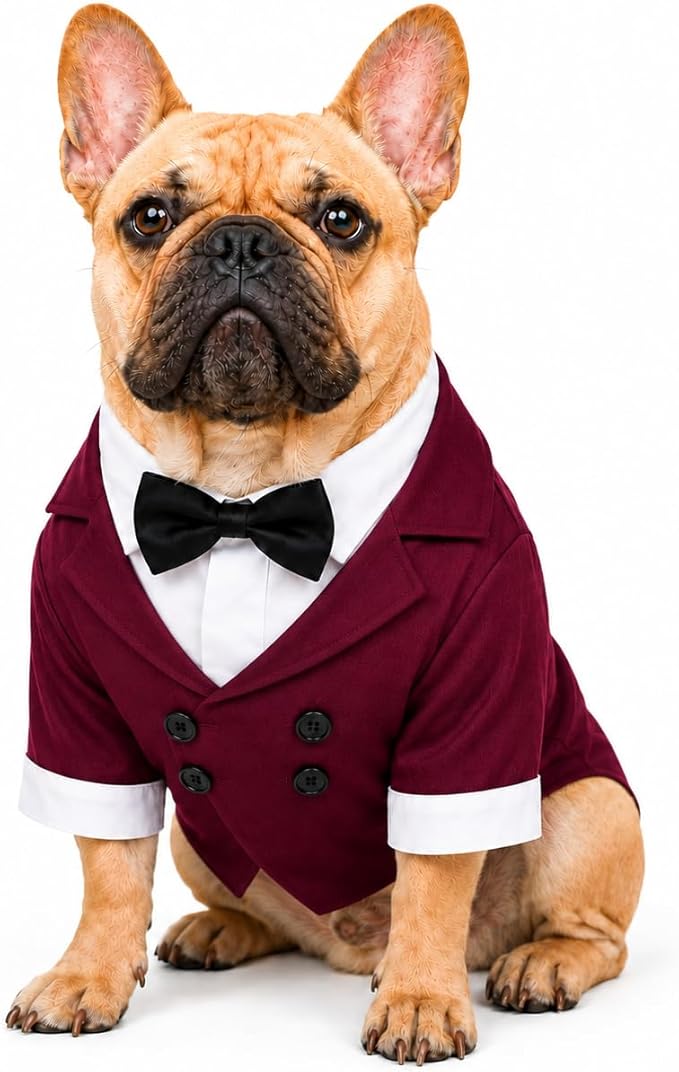 Lovelonglong Bulldog Costume Dog Suit Formal Tuxedo with Black Bow Tie Wedding Clothes for Pugs/French Bulldog/English Bulldog/American Pit Bull Brown B-S