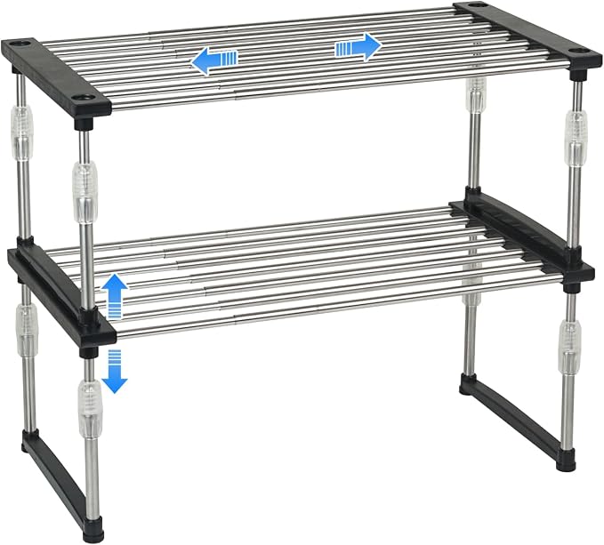 carrotez 2Pack Expandable Cabinet Organizer 11.8~19.6 x 7.8 x 6~9 - Black | Width & Height-adjustable Kitchen Cabinet Organizer Shelf, Stackable Kitchen Counter Shelf
