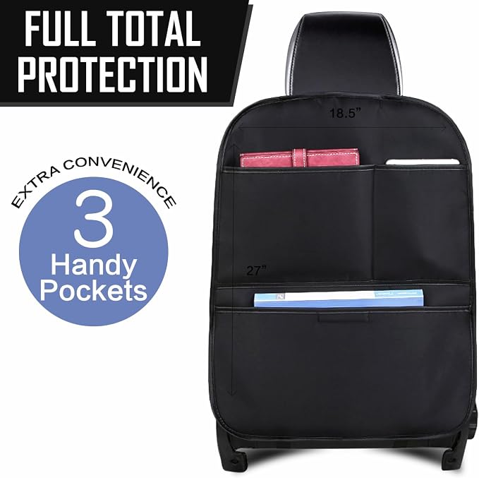 Kick Mat Back Seat Protector， Waterproof Leather Car Seat Back Organizers Cover with 3 Storage Pockets for Kids Pets SUV Sedan Minivan Truck Car Travel Accessories (Black 2-pack)