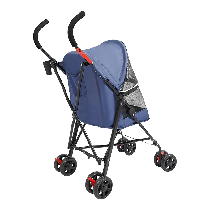 4 Wheels Pet Stroller with Waterproof Cover | Easy-Fold Travel Carrier | Pet Strolling Cart for Small/Medium Dogs and Cat | with Storage Pocket, Cup Holder & Breathable Mesh | for All-Season (Blue)