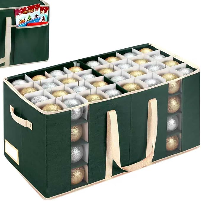 Christmas Ornament Storage Box with Adjustable Dividers and Side Pockets, Large Ornaments Storage Container Bin with Zippered Top for Xmas Decorations (128-3" Balls, Green, Without Tray)