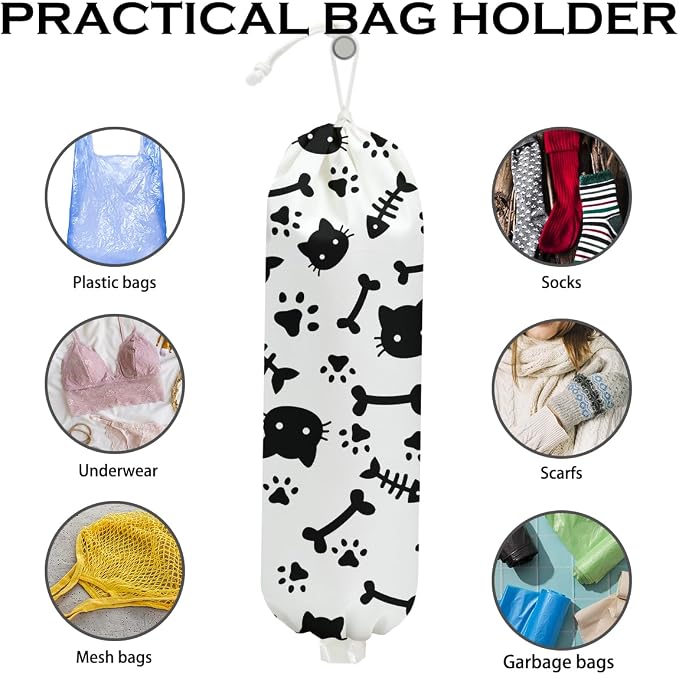 Cute Cat Plastic Bag Holder, Wall Mount Grocery Bag Holder for Plastic Bags, Fish Bone Reusable Grocery Bags Storage Dispenser for Home Kitchen Pantry, Cat Lover Gifts for Women Mom, 22.5x9 Inch