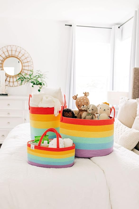 OrganiHaus Rainbow Laundry Basket & Hamper, Nursery Playroom 52L | Rainbow - Rainbow Cotton Rope Hamper, Nursery 52L