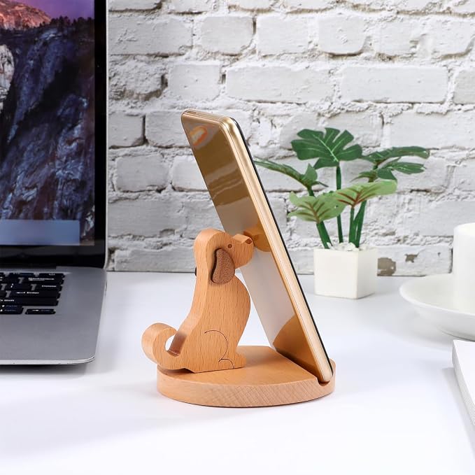 Didiseaon Wooden Dog Cell Phone Holder Cute Puppy Shape Smartphone Stand Tablet Dock Hands Free Mount Office Desk House Decor Accessory Chocolate Beech Wood Funny Creature Desktop Display 3.81 Inches