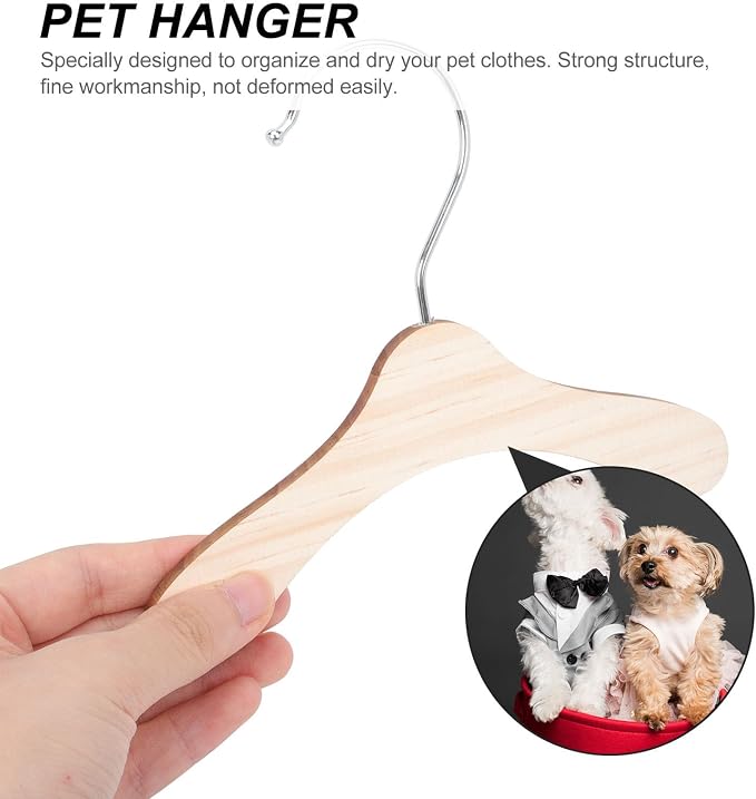 10pcs Dog Clothes Hanger 16cm Wooden Pet Organizer for Apparel | Stainless Steel Hook, Silver Finish, for Pet Owners, Compact 16cm Size, Simple Storage Accessory for Clothing