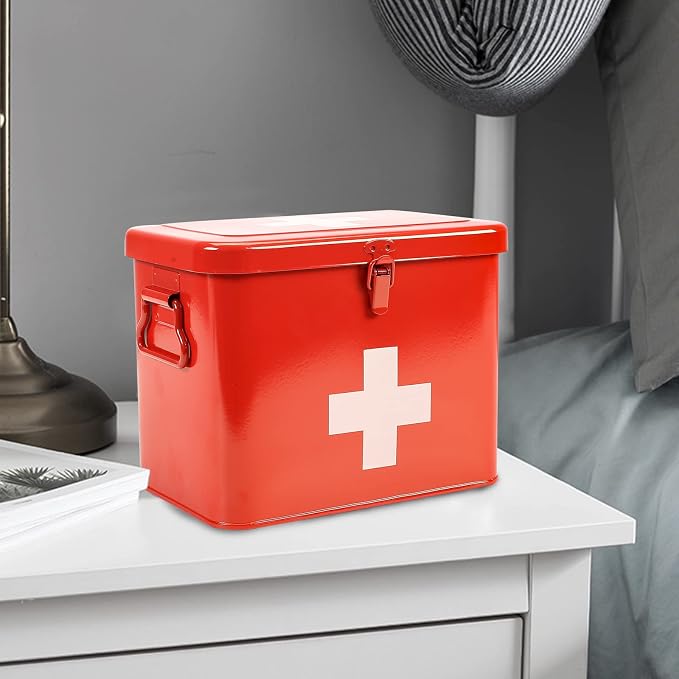 First Aid Kit, First Aid Medicine Supplies Bin - 2-Tier Metal Medicine Storage Tin, Samll First Aid Box with Removable Tray for Home & Workplace Emergency Tool Set - Red