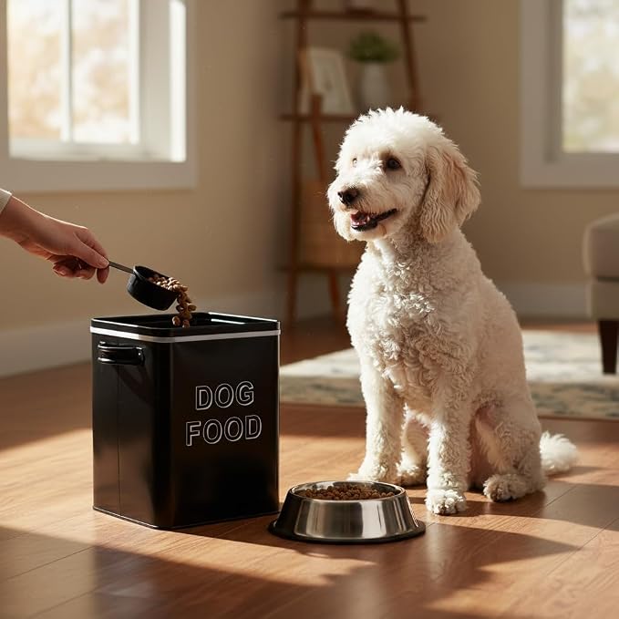 Morezi Metal Dog Food Storage Container Airtight Pet Food Treat Bin 6 lbs | Vintage Durable Canister Dog Treats Tin with Lid& Scoop for Kitchen Countertop, Shelf, Great Gift for Pet Owners(Black)