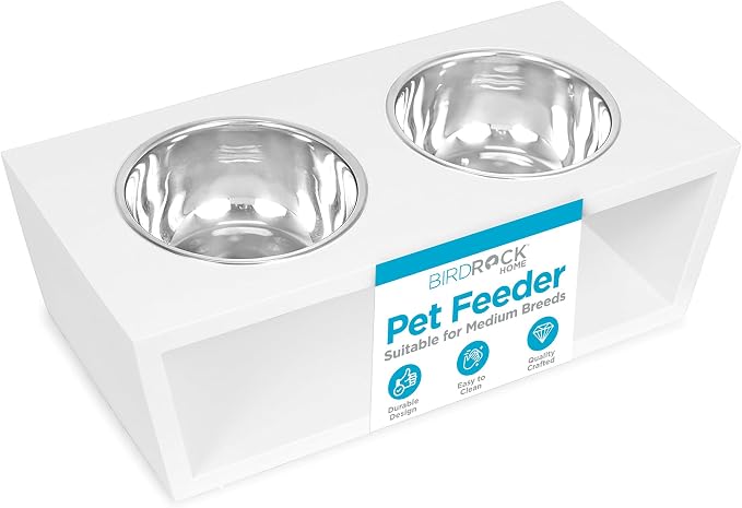 INTERNET'S BEST Modern Elevated Pet Feeder - Double Raised Stand w/Stainless Steel Bowls - Dog Food & Water Holder - Suitable for Medium Breeds - Pet Feeding Tray for Dogs, Cats - 2 Bowls - White
