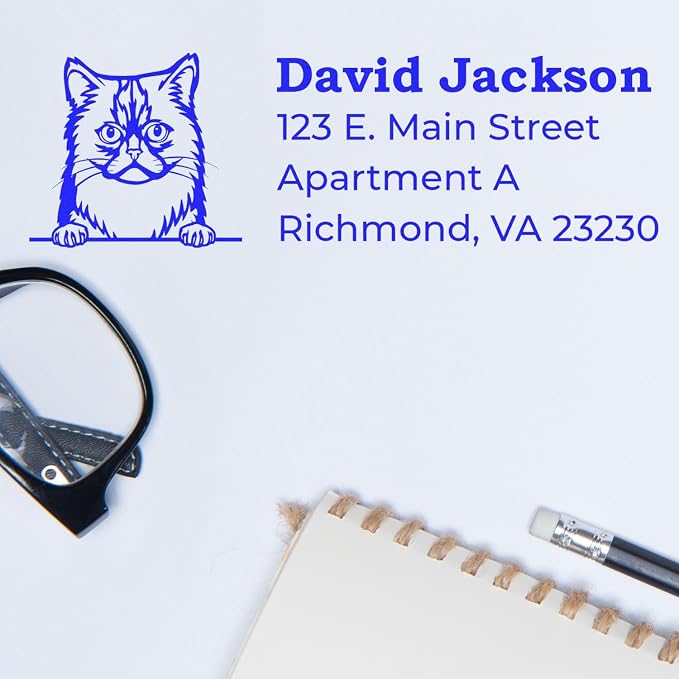 Peeking Asian Semi Longhair Cat Wood Handle Address Stamp - Crisp Imprint | Envelope Stamp with Asian Semi Longhair Cat Design. Customised Address Stamp for Veterinary Offices. 4 lines of custom text.