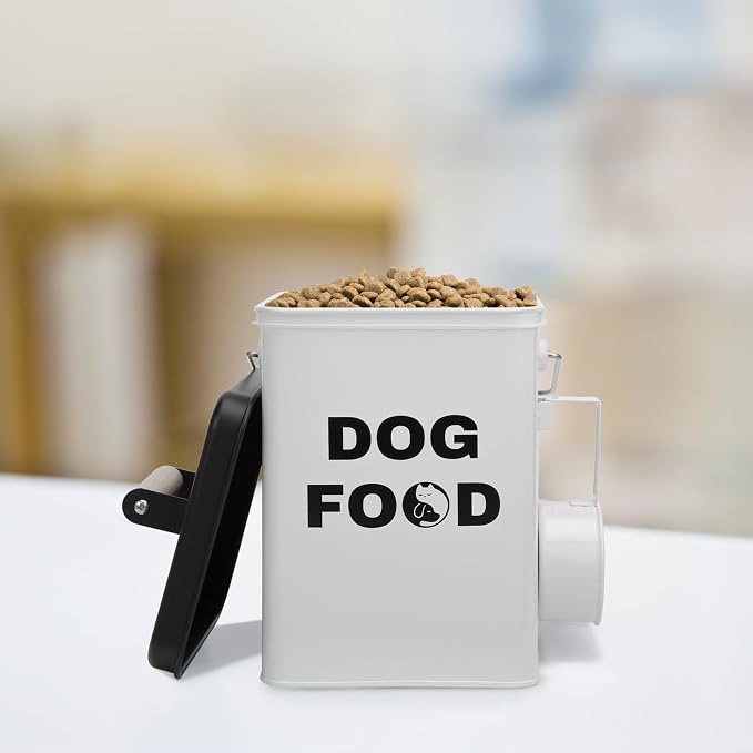 Dog Food Storage Container Set of 2 Dog Treat Container with Airtight Lids Dog Treat Jar with Scoop Metal Dog Food Holder with Wooden Handles for Kitchen Counter and Pantry Home Decor - White