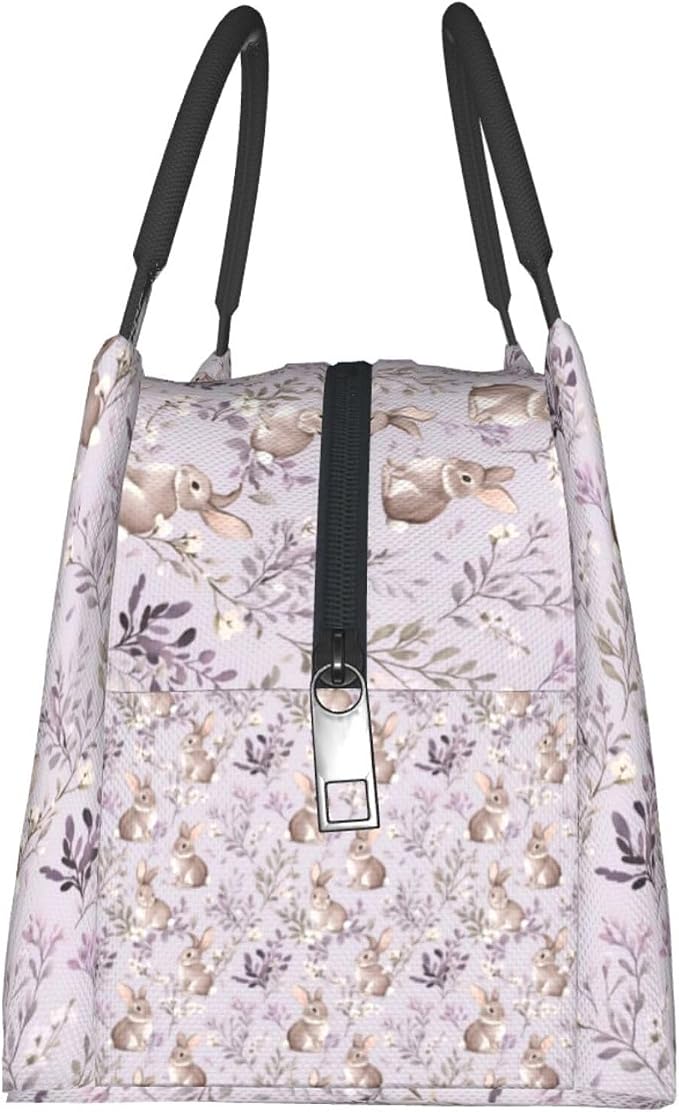 Cute Bunny Insulated Lunch Box for Girls Women,Reusable Tote Bag with Adorable Rabbit and Lavender Floral,Portable Lunchbox Handbag,Makeup Bags Organizer Gifts for Work Travel,11x6.3x6.7in