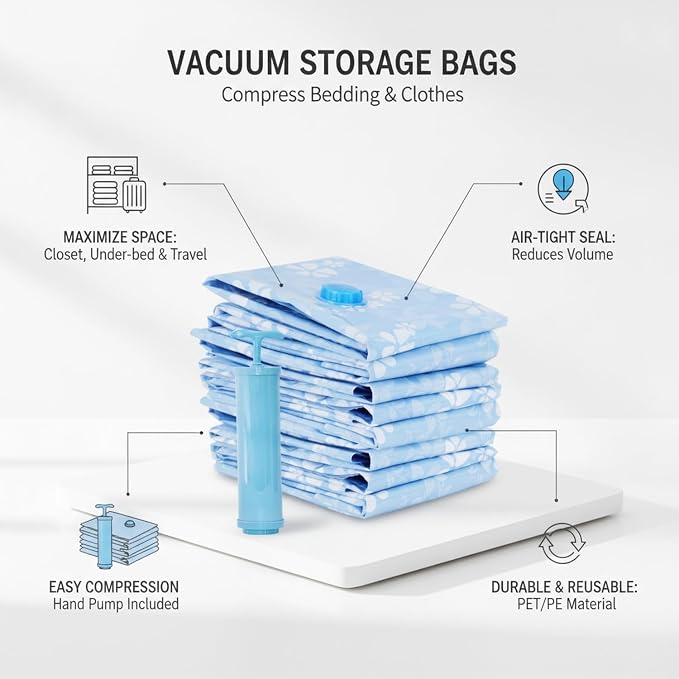 Vacuum Storage Bags, Reusable PET/PE Compression Sacks for Bedding and Clothes, Blue (1 PC)
