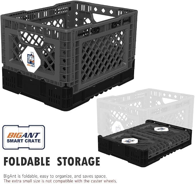 Bigant Heavy Duty Collapsible & Stackable Plastic Milk Crate - Snap Lock Foldable Industrial Garage Storage Bin Container Utility Tote Basket (Charcoal Gray, 1 Small Crate)