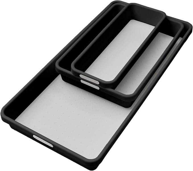madesmart Classic 3 Bin Drawer Organizer Set, Carbon | non slip feet, rounded corners, modular layout, mixed sizes, custom fit, office craft supplies, makeup tools, woman owned