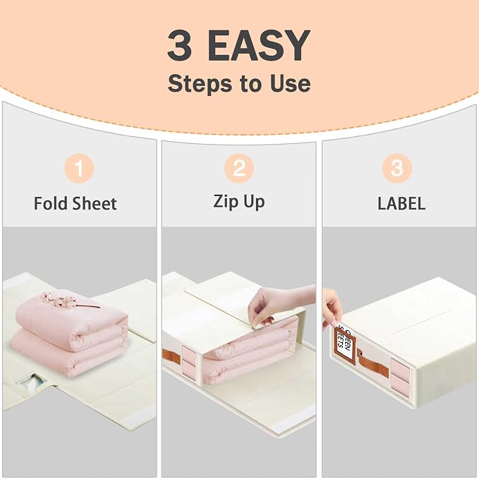 GhvyenntteS 12 Pack Bed Sheet Organizers and Storage, Sturdy Bed Sheet Organizer with Zipper and Handle, Foldable Linen Closet Organizers and Storage with Window and Label, Beige