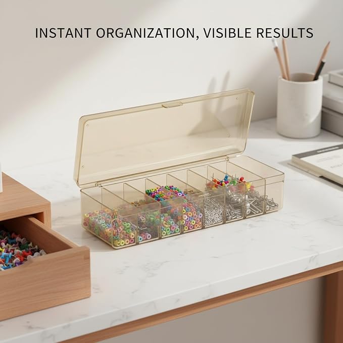 Clear Storage Box with 8 Adjustable Dividers, Compact PET Organizer for Desk Drawers, Hardware, and Craft Supplies