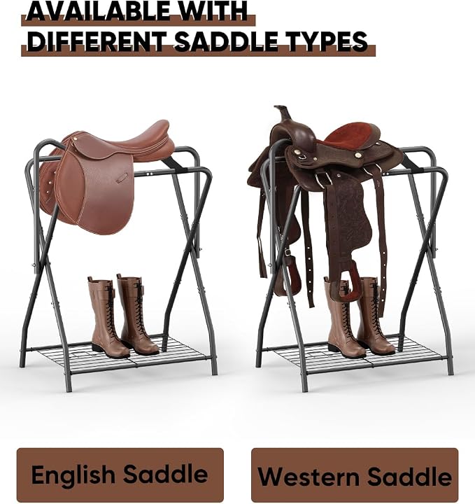 Queension Foldable Saddle Rack with Bottom Storage for Horse Stable, Black | Portable Horse Saddle Stand for English & Western Saddles, Saddle Pad Rack for Horse tack, Horses Blanket
