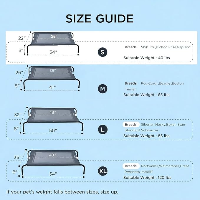 Cooling Elevated Dog Bed with Non-Slip Floor Protectors & Breathable Mesh, Raised Indoor & Outdoor Dog Cot Hammock, 34" L x 22" W x 8" Th, Small, Grey