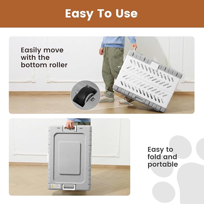 28" L Travel Dog Crate -Collapsible Dog Crate for Medium/Small Dogs, No Tools Required with Space Saving Design,Portable Foldable Dog Carrier with 2 Smooth Wheels,Handles for Easy Moving,Grey