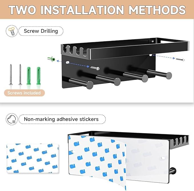 YWHWXB No Drill Dog Leash Holder Wall Mount, Pet Hooks & Shelf (Black) | Heavy-duty metal structure All-in-one entryway organizer Multi-scenario use Hassle-free setup & care
