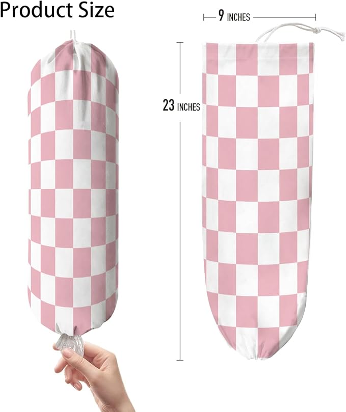 Plastic Bag Holder, Wall Mount Plastic Bag Organizer Dispenser Reusable Grocery Bag Organizer for Home Kitchen(Pink Checkered)